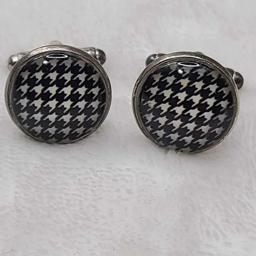 Vintage Houndstooth Pattern Round Cufflinks Black White Silver Tone - Picture 4 of 8